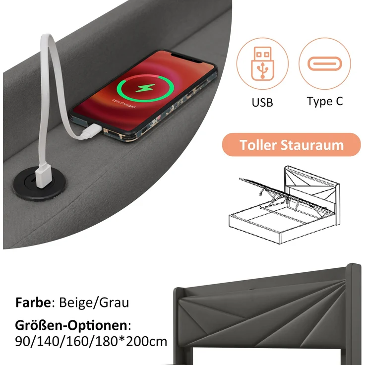Polsterbett Baumwoll-Leinen mit Bettkasten & USB-Anschluss, 96x208x107 cm, Grau, ohne Matratze – Bild 5
