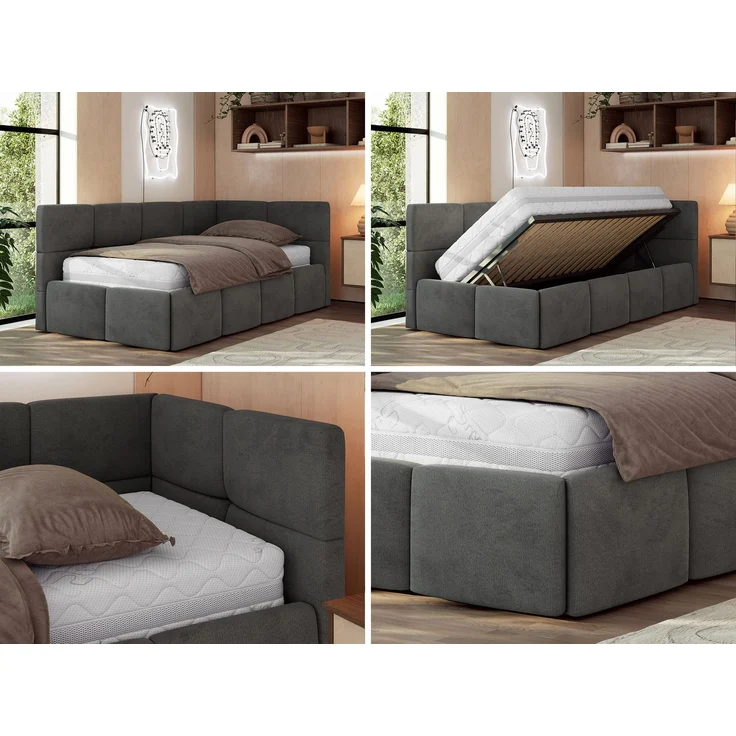 Jugendbett 90x200 ARVO Polsterbett mit Bettkasten, Stauraum & Gasdruckfeder, Modernes Design mit Kopfteil, Pocket Matratze - Dunkelgrau Velvet - VIRE LUX - Rechts Seite – Bild 2