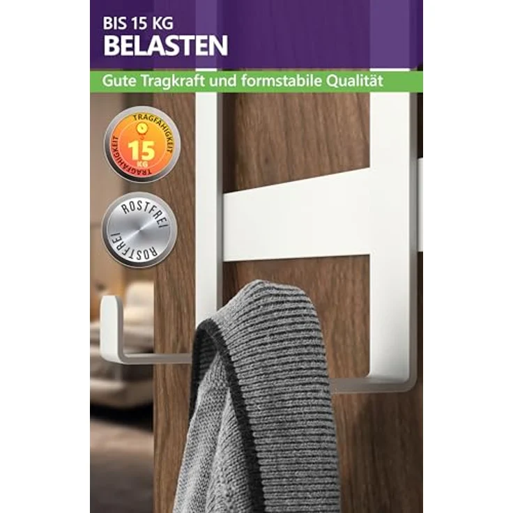 4smile Türgarderobe zum Einhängen - Universelle Türhaken für deutsche Türen, Kleiderhaken Tür - Stabile Türhakenleiste, Haken zum Einhängen als Ordnungshelfer, Fb. Weiß – Bild 6