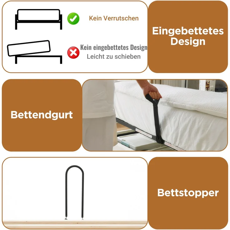 EINHOM Polsterbett 140 x 190 cm Einzelbett mit LED-Beleuchtung, Hydraulischem Stauraum, L-Förmigem Kopfteil mit Stauraum, Beidseitig Montierbar, Lattenrost, Leinenstoff, Beige, (Ohne Matratze) – Bild 6