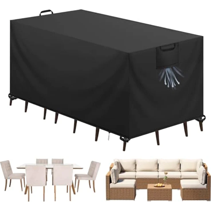 Aujink Abdeckung Gartenmöbel Winterfest, Wasserdichte Schutzhülle Gartenmöbel 420D Oxford Anti-UV Abdeckplane für Gartentische Terrassenmöbel Regenschutz und Staubfest Abdeckhaube Schwarz 125 x 63 x 74 cm – Bild 2