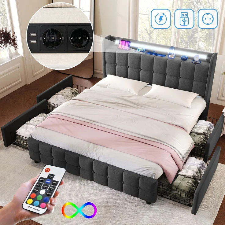 Einzelbett 160 × 200 cm mit Steckdosen,USB-Anschlüssen und LED-Beleuchtung,4 Schubladen,Leinenbezug in Grau,inklusive Matratze – Bild 2