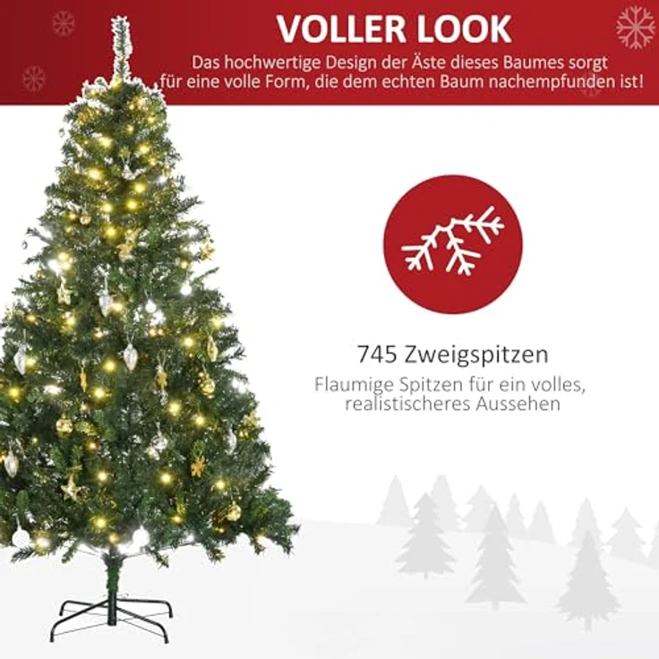 HOMCOM Künstlicher Weihnachtsbaum mit Deko 200 LEDs 745 Spitzen, Tannen, 112x180 cm (BxH), grün – Bild 4
