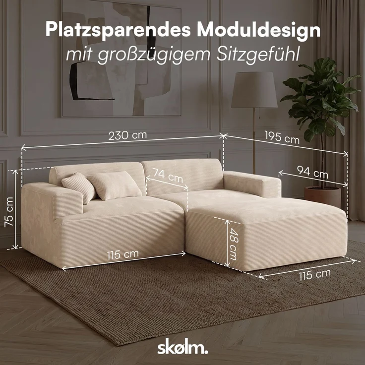 skølm 'Freki' Cloud Sofa 2 Sitzer mit Hocker, Vollschaumcouch mit Federkern und Vakuum-Kompression, kein Aufbau erforderlich, mit 2 Kissen, Cord beige – Bild 9