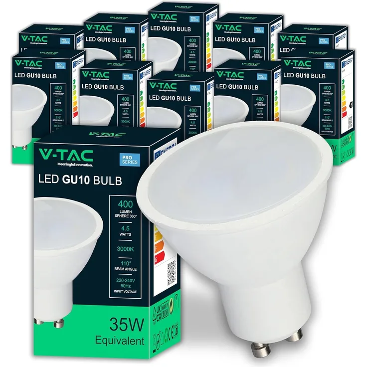 V-TAC 10x LED Glühbirne GU10-4,5W (entspricht 35W) - 400 Lumen - Maximale Effizienz und Energieeinsparung - GU10 Spot LED Glühlampen - 10er Pack - Licht 3000K Warmweiß