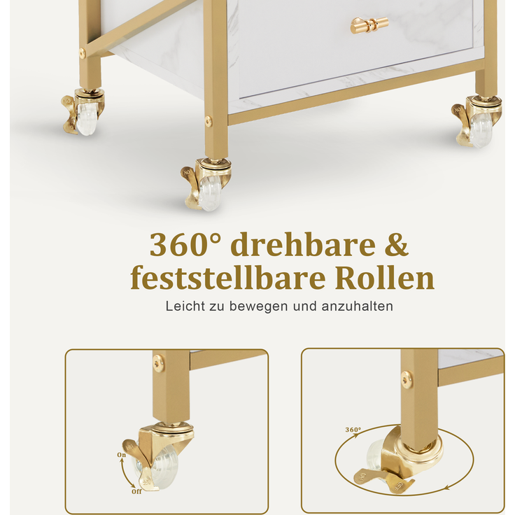 M MCombo Friseurwagen mit Rollen & 3 Schubladen, Rollwagen Servierwagen Weiß-Gold, Salon Trolley mit 2 Ablagen & 2 Föhnhalter, Moderner Arbeitswagen für Bad Wohnzimmer 0048 – Bild 6