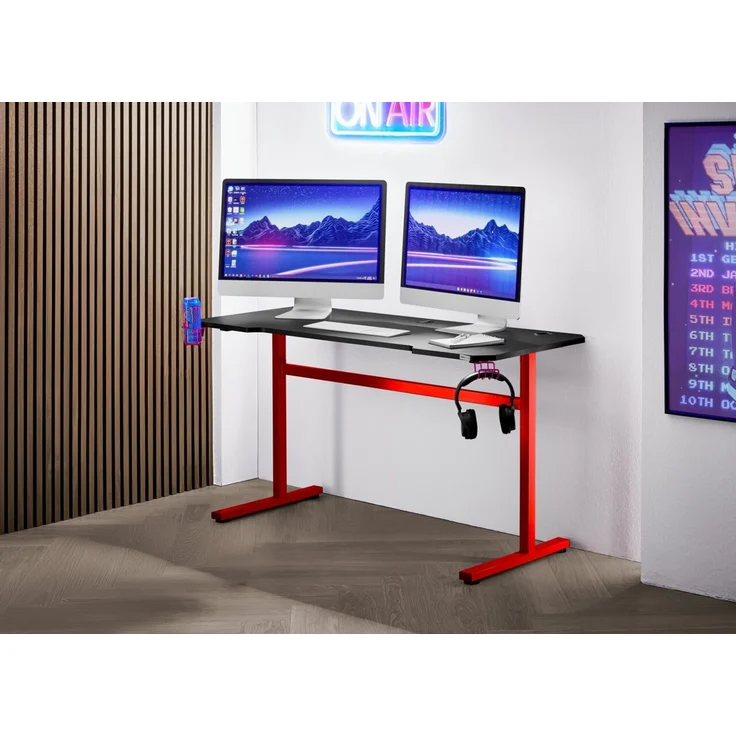 Carryhome 'PLAYER' Computertisch, MDF Carbon Dekor anthrazit rot schwarz, 140 x 75 x 60 cm, mit Headset- und Becherhalter – Bild 9