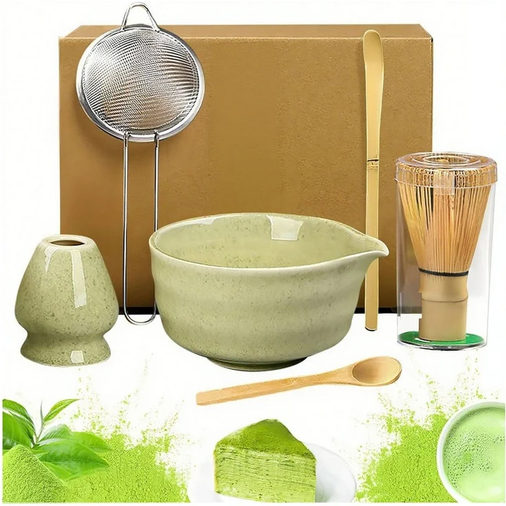 SURFOU Teeservice 6 Stück Matcha Tee Set mit Matcha Besen Edelstahlsieb Schal, 2 Matcha Löffel Besenhalter aus Keramik Matcha-Utensilien – Bild 1