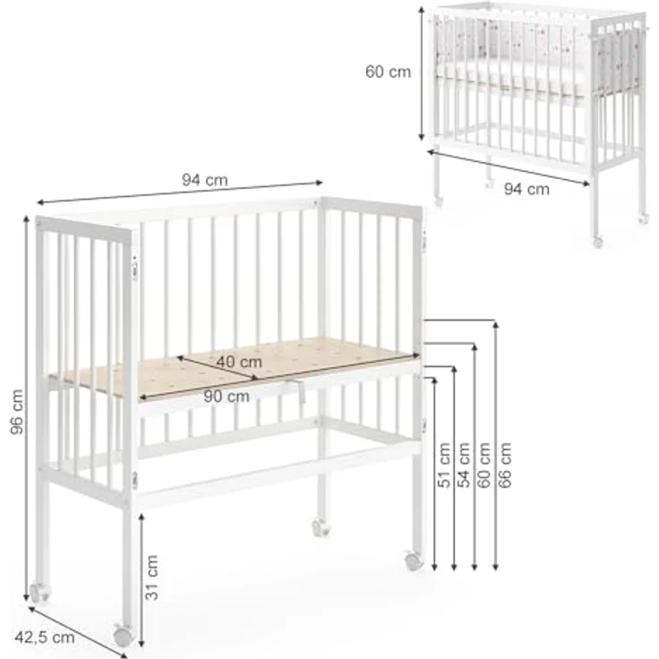 VitaliSpa Beistellbett Sophie, Weiß, 94 x 42.5 cm 2 Seitenschienen, höhenverstellbar mit Rollen und Befestigung am Elternbett – Bild 3