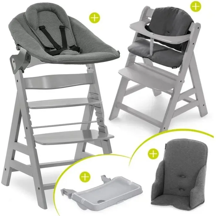 Hauck Hochstuhl Alpha Plus Grey XXL Newborn Set, Babystuhl ab Geburt, Aufsatz für Neugeborene, Essbrett, Sitzauflage