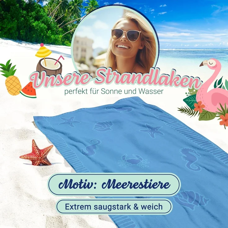 ZOLLNER Strandtuch XXL aus Baumwolle, 100x200 cm, mittelblau mit Meerestiermotiven – Bild 3