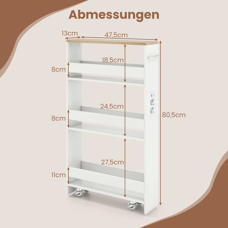 13 cm schlanker Aufbewahrungswagen mit Ladestation 4-stufiger rollbarer Küchenwagen mit Griff Natur + Weiß – Bild 2
