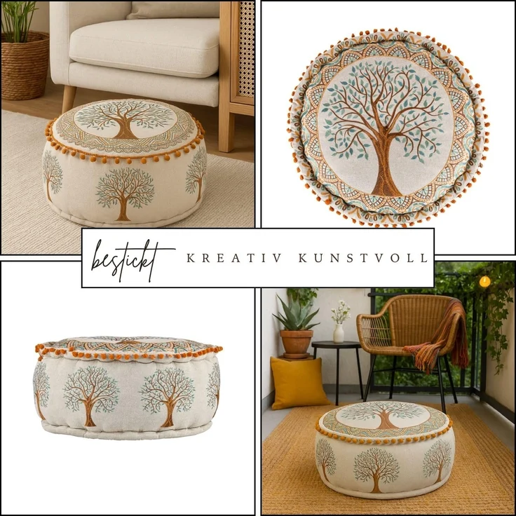 Marrakesch Orient & Mediterran Interior Pouf Pouf Guansha Braun, Sitzkissen 50x25 cm, Baumwolle bestickt, gefüllt (1-St), Handarbeit – Bild 4