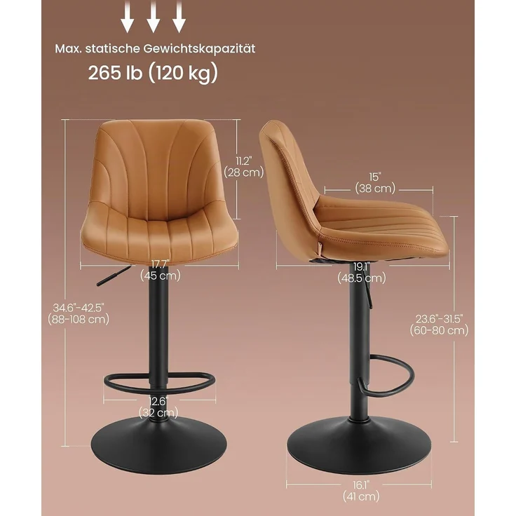 VASAGLE Barstuhl 2er Set, Küchenhocker, 88-108 cm höhenverstellbar, Barhocker, drehbar, mit Fußstütze, PU-Bezug, braun – Bild 3