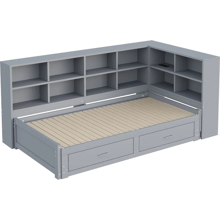 EINHOM Massivholzsofa 90 x 190 cm, mit Ausziehbarem Bett, mit Staufach, Schubladen, Lattenrost, Multifunktionales Einzelholzbett, Grau (Ohne Matratze) – Bild 6