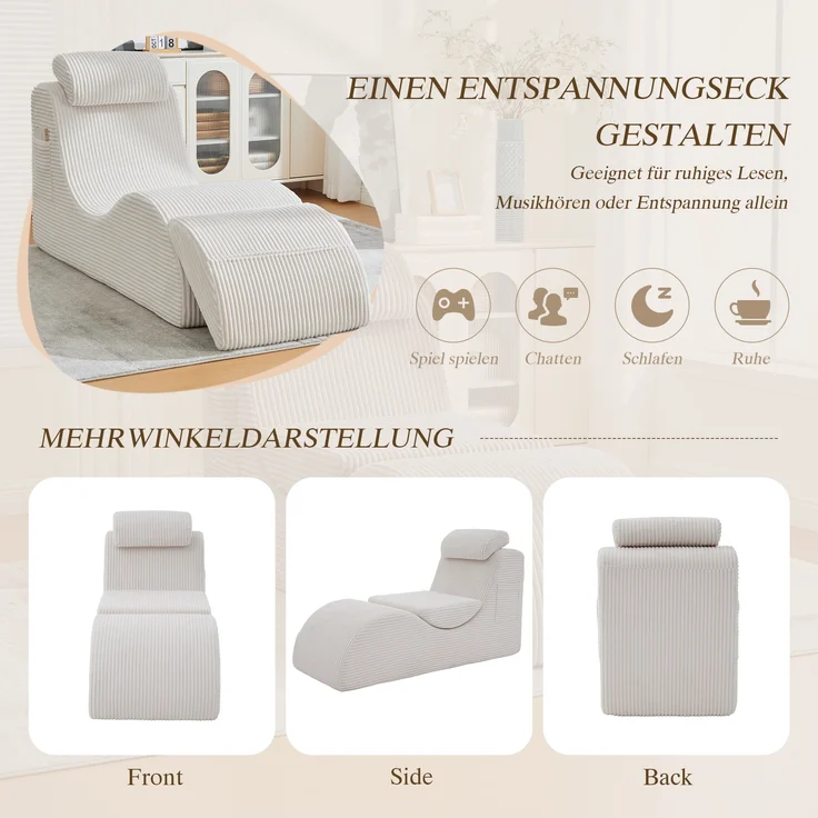 LVHOM Relaxsessel Ergonomisches Design, Lesesessel mit verstellbarer Kopfkissen und Sitzkissen, Fernsehsessel mit Seitentasche, Cord Bezug, bis 200kg belastbar – Bild 7