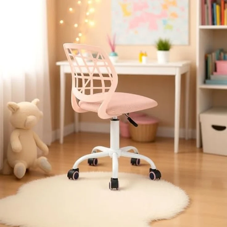 FurnitureR Kinder Schreibtischstuhl, höhenverstellbarer Drehstuhl mit kleinem Loch Rückenlehne Design, geeignet für Kinderzimmer oder Arbeitszimmer, rosa Plica – Bild 3
