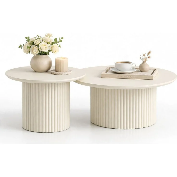 HOOZ Couchtisch Wohnzimmertisch Keramik rund 2er Set Trommel Gestell Weiß 80 & 60 cm (Set, 2-St, 2× Satztisch), Sofatisch mit geriffeltem Gestell – stabil & pflegeleicht – Bild 1
