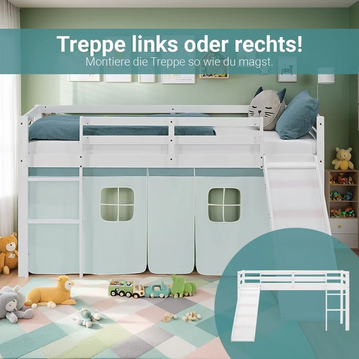 Hochbett Kinder 90x200 cm mit Rutsche Kinderbett Kinderhochbett Stockbett Vorhang Grün Mintgrün Leiter Holz Massiv – Bild 7