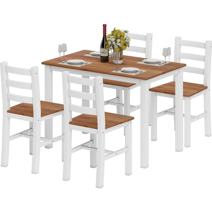 MELAYR, Essgruppenset, Esstisch, 4 Stühle, Esszimmerset, Kiefernholz, Braun+Weiß, 108 x 65 x 75 cm – Bild 2