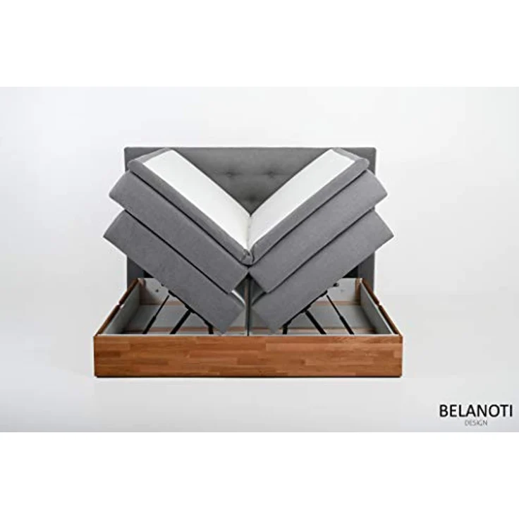 Belanoti MARBO Boxspringbett 180x200 mit Bettkasten 7-Zonen Taschenfederkern Matratze inklusive Visco Topper Bett 180x200 Eiche in der Farbe Hellgrau H2/H3 Polsterbett mit Massivholz Eiche – Bild 8