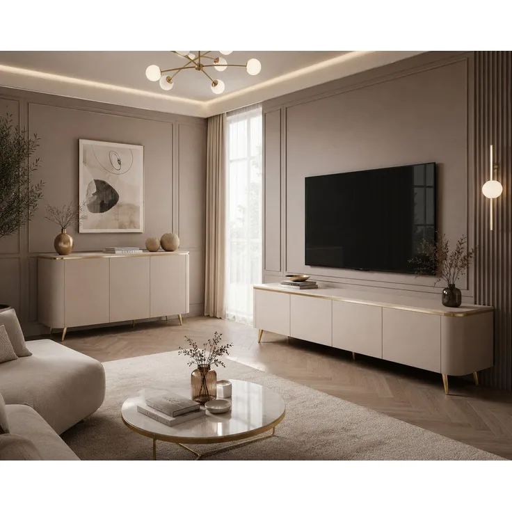 ALLHOUSE24 Wohnzimmer-Set LINE II, 2-tlg, Kommode & TV-Lowboard, Kaschmir, goldene Metallfüße, (2-St, Das Set besteht aus: Kommode, TV Schrank), Breite: Kommode: 140 cm, TV Schrank 200 cm