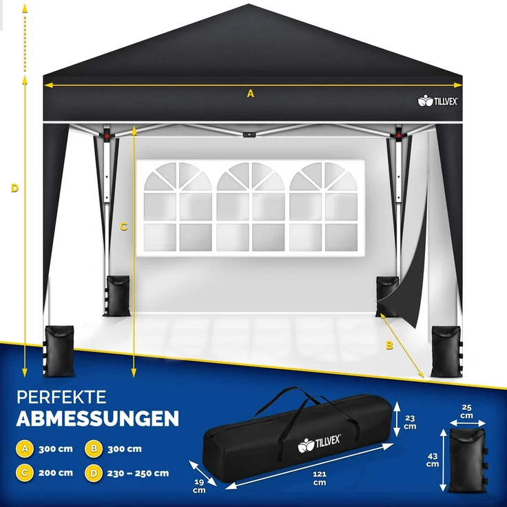 tillvex Pavillon 3x3m Schwarz - mit 2 Seitenteilen wasserdicht | Pop-Up Faltpavillon höhenverstellbar | Gartenzelt UV Schutz 50+ | Partyzelt mit Tasche für Garten – Bild 7