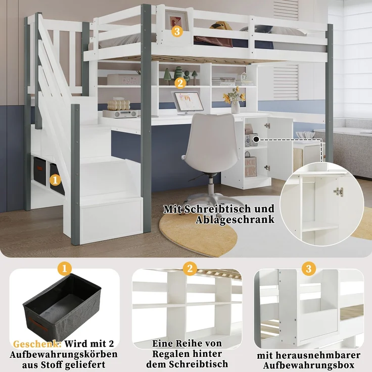 Hochbett 90x200 cm mit Schreibtisch, Stauraumtreppe und vierseitigem Rausfallschutz in Weiß-Grau, ohne Matratze – Bild 9