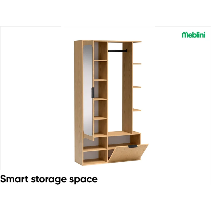 MEBLINI Garderobenschrank NADIA 100cm - Bookmatch Eiche - mit Spiegel - 100x33x190cm R/L - Garderobe Schrank - Flurgarderobe schmal - Garderobe Flur Möbel Set - Flurschrank hoch – Bild 2