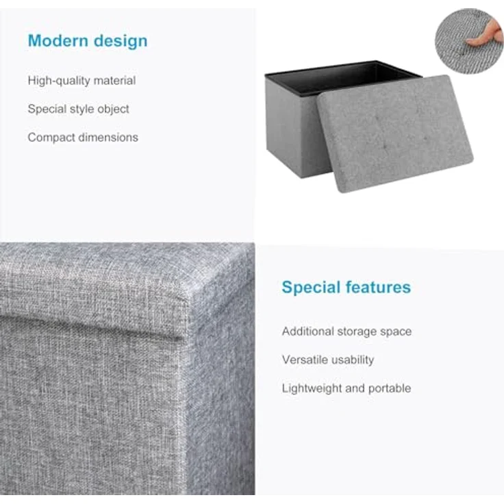Intirilife Sitzhocker (Sitzwürfel mit Stauraum 49x30x30 cm in FELS GRAU - Fußablage, 1 St), Faltbare Sitzbank - aus Stoff mit Mulden - Aufbewahrungsbox Truhe – Bild 5