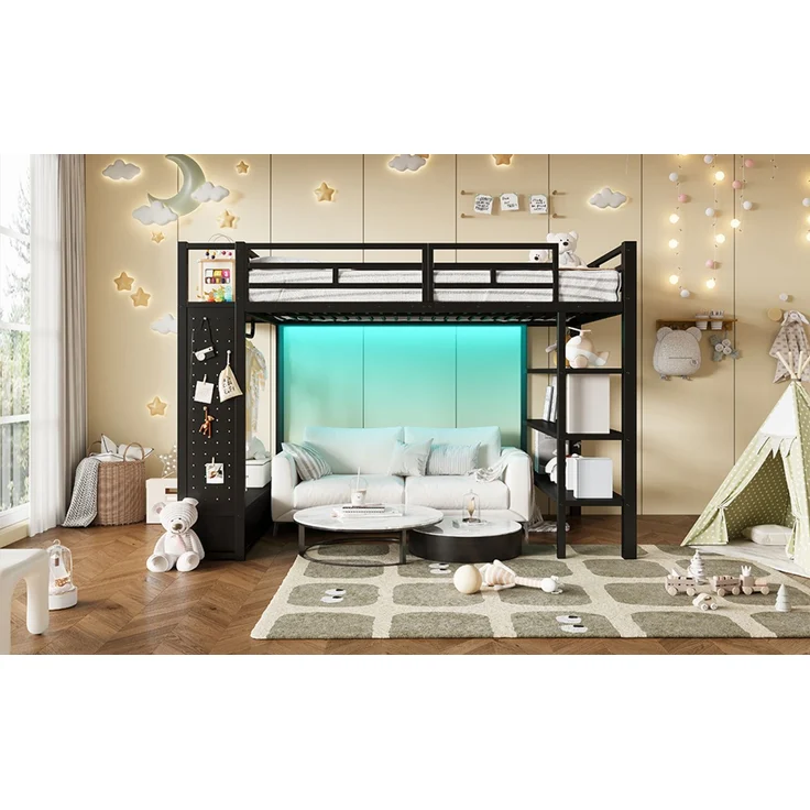 Merax Hochbett, 140x200 cm, Doppelbett, mit offenem Kleiderschrank, mit Ablagefächern, Lochwand und LED-Beleuchtung, schwarz – Bild 6