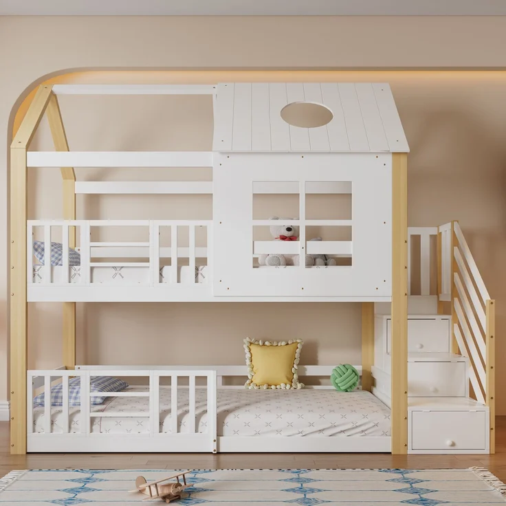 Etagenbett / Hausbett 90 × 200 cm – mit seitlicher Aufbewahrungstreppe, Dach mit Rundöffnung & Fenster, Weiß&Natur – Bild 7