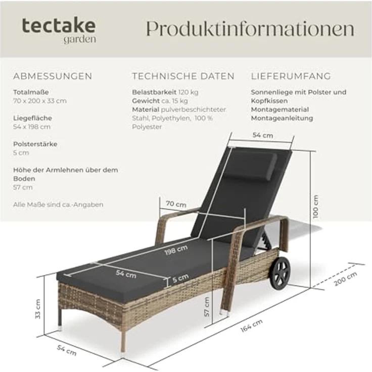 tectake Gartenliege Rattan Sonnenliege, 1, 1 St, 1tlg, widerstandsfähig – Bild 3