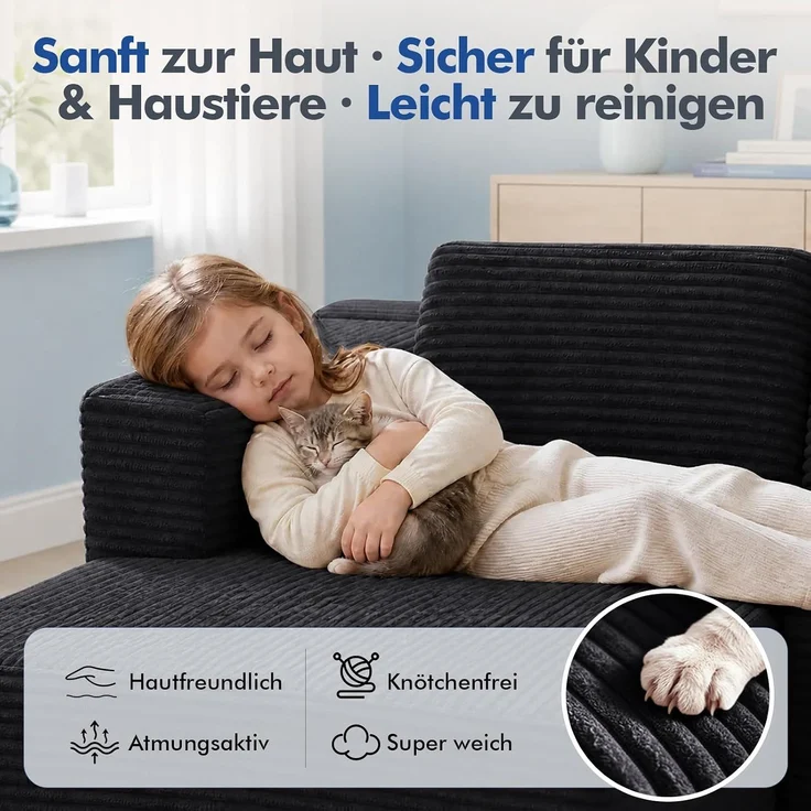 COMHOMA Ecksofa mit Schlaffunktion, 255cm Corduroy Modulares Boneless Couch mit Chaiselongue & Rücken-Metallgestell, L-Form Schlafsofa mit offenem Design, Kissen & Seitentaschen,für Wohnzimmer,Schwarz-R – Bild 12
