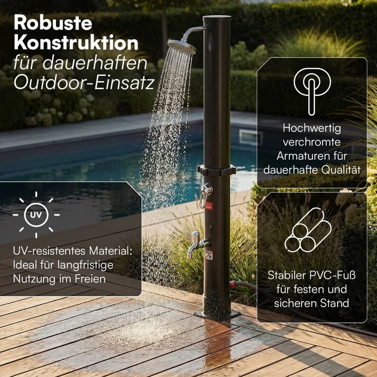 STEELSØN 'Velion' Solardusche 20 Liter, schwarz, warmes Wasser bis 60°C, Gartendusche mit schwankendem Regenduschkopf und Wasserhahn, Outdoor Dusche inkl. Schutzhaube – Bild 3