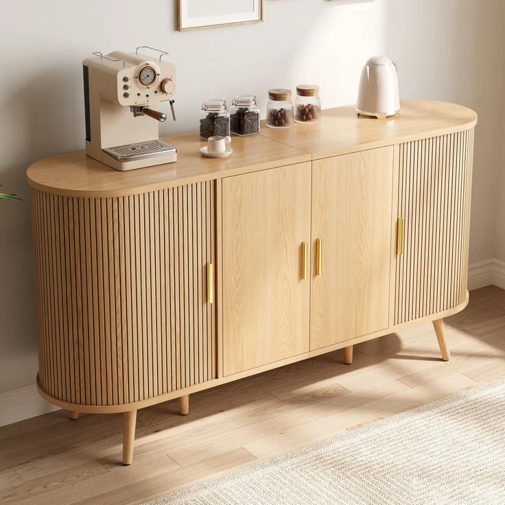 Merax Sideboard mit Schiebetüren an den Seiten, gebogenes Design mit vertikaler Rillenverkleidung, Griffleisten aus Metall, Aufbewahrungsschrank, Natur – Bild 5
