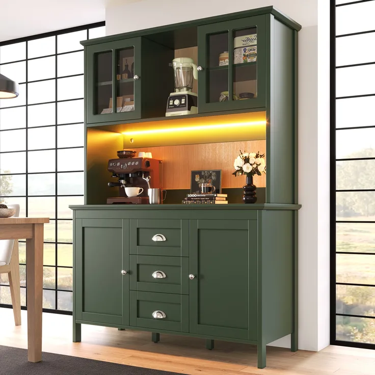 TavilaEcon Küchenbuffet Küchenschränke mit Glastüren und LED-Beleuchtung grün 179 × 40 × 120 cm (H × T × B)