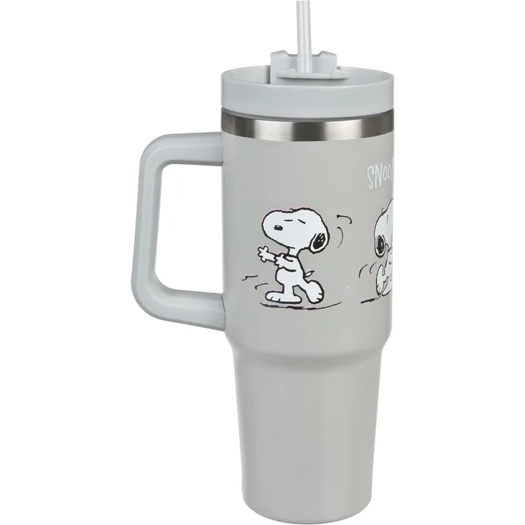 Undercover - Peanuts Snoopy Isolierbecher mit Strohhalm - 880ml Fassungsvermögen - Edelstahl Trinkbecher mit Handgriff - BPA frei, Grau