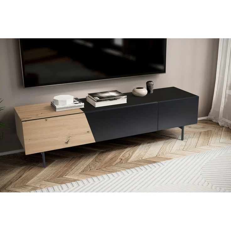 Lowboard Schwarz mit Eiche-Dekor 150x40x40 cm TV-Kommode Modern, Design TV-Sc... – Bild 2