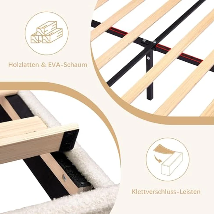 Polsterbett 140x200 cm Doppelbett, Bettgestell aus Teddy-Stoff mit höhenverstellbarem Kopfteil und Lattenrost aus Massivholz, 20 cm Stauraum unter dem Bett, modern, geräuscharm, beige – Bild 5