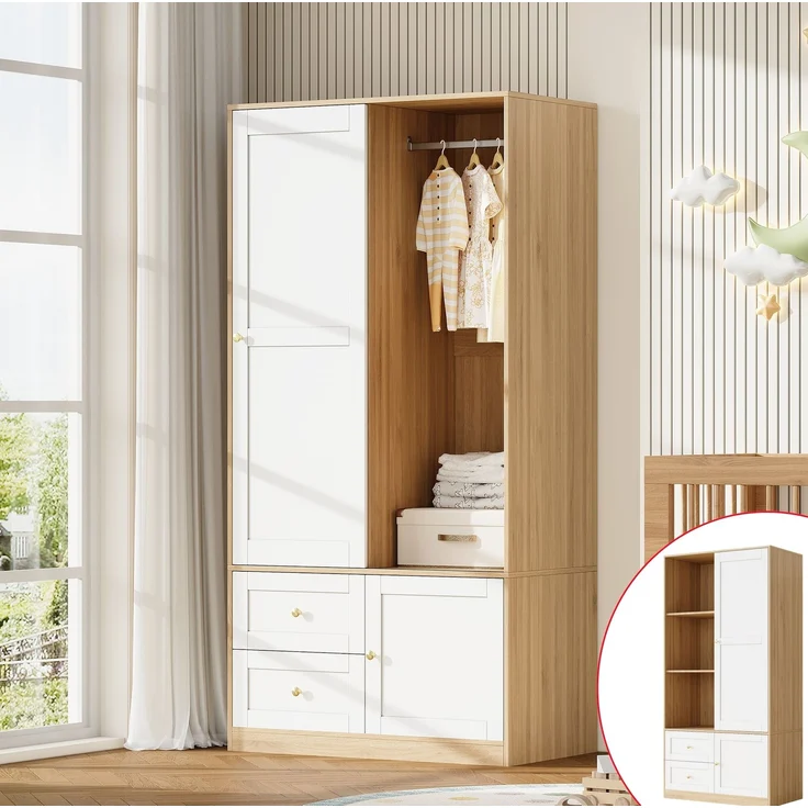 CHICFURN Kleiderschrank 90x180x50 cm aus MDF mit Schiebetür und 2 Schubladen – Naturholzoptik/Weiß – Bild 5