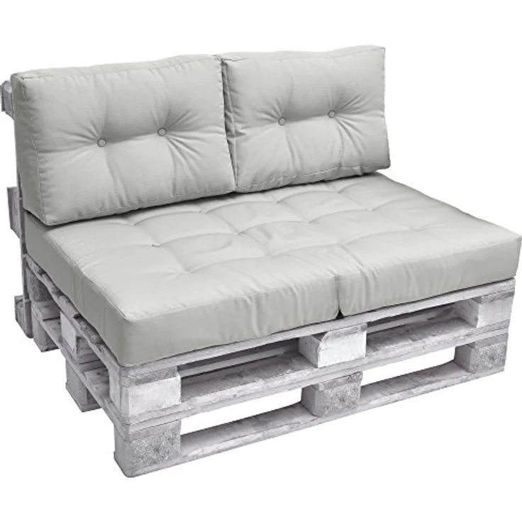 Beautissu ECO Elements Palettenkissen, Hellgrau, 20x40x60 cm, Outdoor-Rückenkissen mit Karo-Struktur und Zierknöpfen