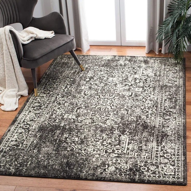 SAFAVIEH Übergangs Teppich für Wohnzimmer, Esszimmer, Schlafzimmer - Evoke Collection, Kurzer Flor, Schwarz und Grau, 201 X 274 cm