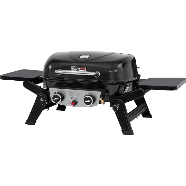 Royal Gourmet 2-Brenner Tragbarer Gasgrill, 5 kW Tischgrill mit klappbaren Seitentischen, portabler BBQ Grill für Balkon, Terrasse, Garten Schwarz