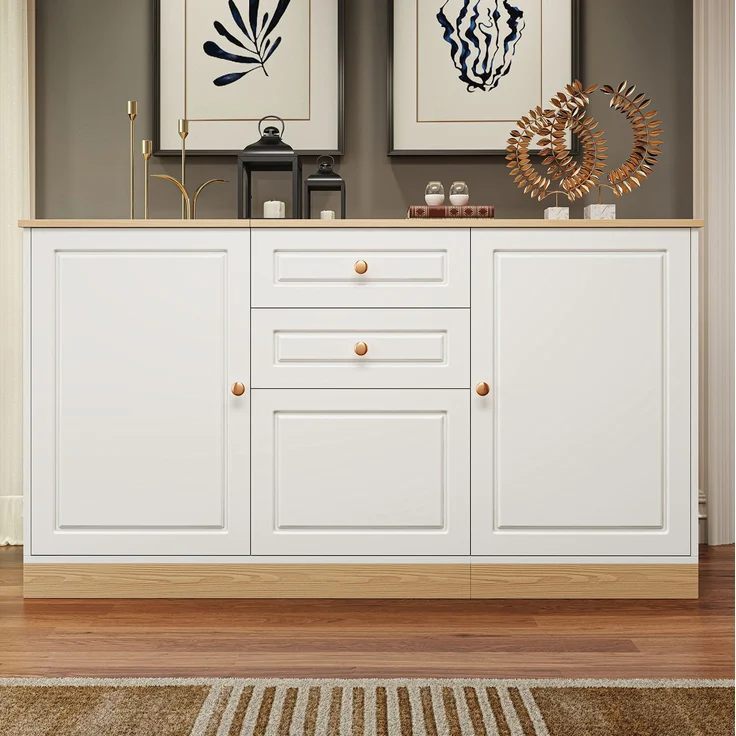 DESVIAE Sideboard mit 3 Türen und 2 Schubladen 135,5x76x39 cm Spanplatte Weiß/Holzoptik – Bild 2