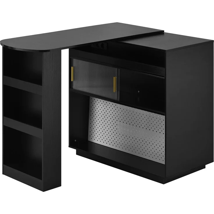 Merax Bartisch, Ausziehbar 360° Drehbare Sideboard mit Stauraum und LED-Beleuchtung, Reversibel Sideboard mit Lochbrett und Steckdosen(Schwarz) – Bild 10