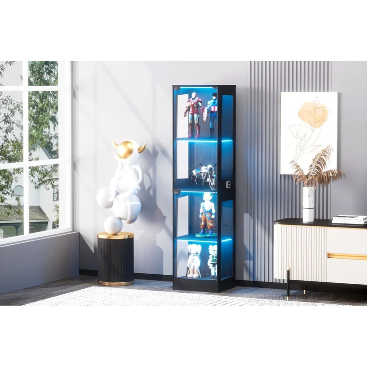 Vierstöckige Glasvitrine mit Stauraum, LED-Beleuchtung, Glastüren und intelligenten Sensoren, Als staubdichte Glasvitrine für Wohnzimmer, Schlafzimmer und Büros geeignet, Schwarz. 40*35*165cm--Akazienholz--40x35x165cm--YOUDENOVA – Bild 6