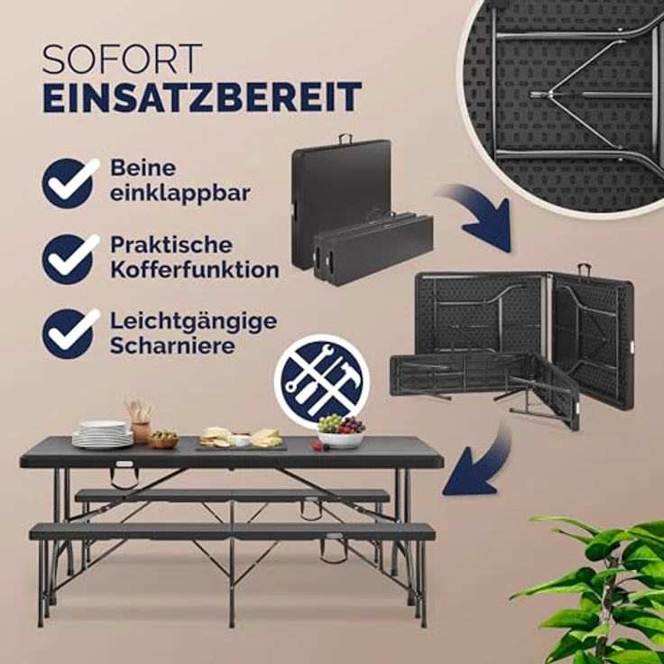 Casaria 'Malmö' Bierzeltgarnitur, 3-teilig, klappbar, Polyrattan schwarz, 180 x 75 x 73 cm – Bild 5