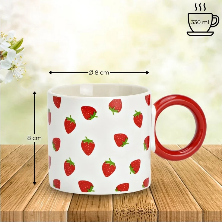 matches21 HOME & HOBBY Tasse Kaffeetassen Erdbeer Dekor, 4er Set Kaffeetasse Weiß Gelb, 4-tlg, Porzellan, Bunte Obst Frühstückstasse 330 ml – Bild 2