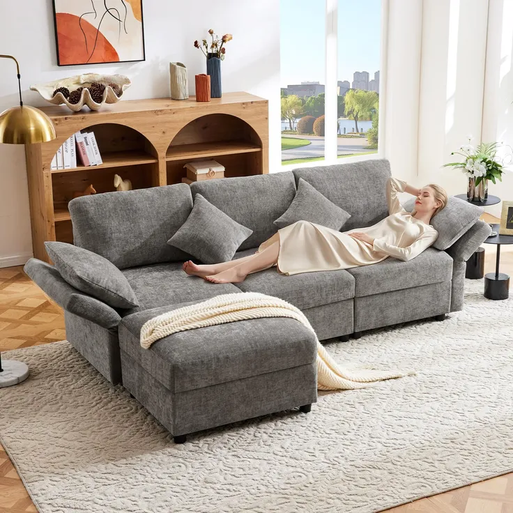 Ecksofa mit Hocker, Zierkissen und Rückenlehnen, L-Form, Armlehnen verstellbar, inkl. Federkern, Polstersofa, Loungesofa, Chenille